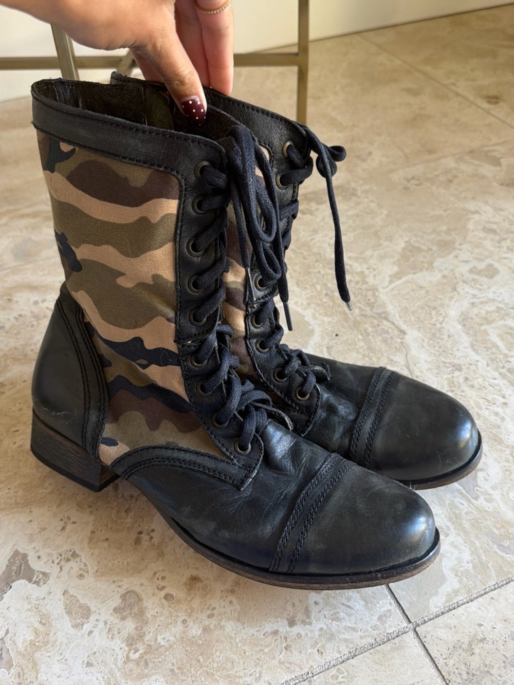 Steve Madden Black Leather & Camouflage Lace-Up Combat Boots